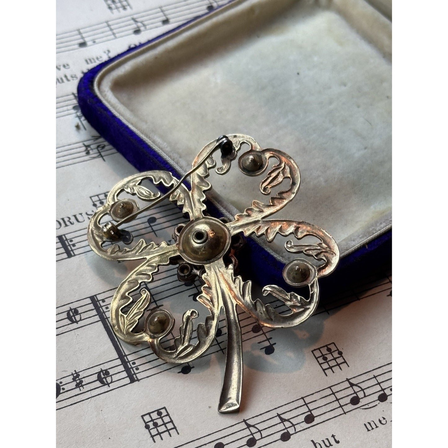 Vintage Clover Brooch 2.75” Goldtone Rhinestone Four Leaf Good Luck Jewelry