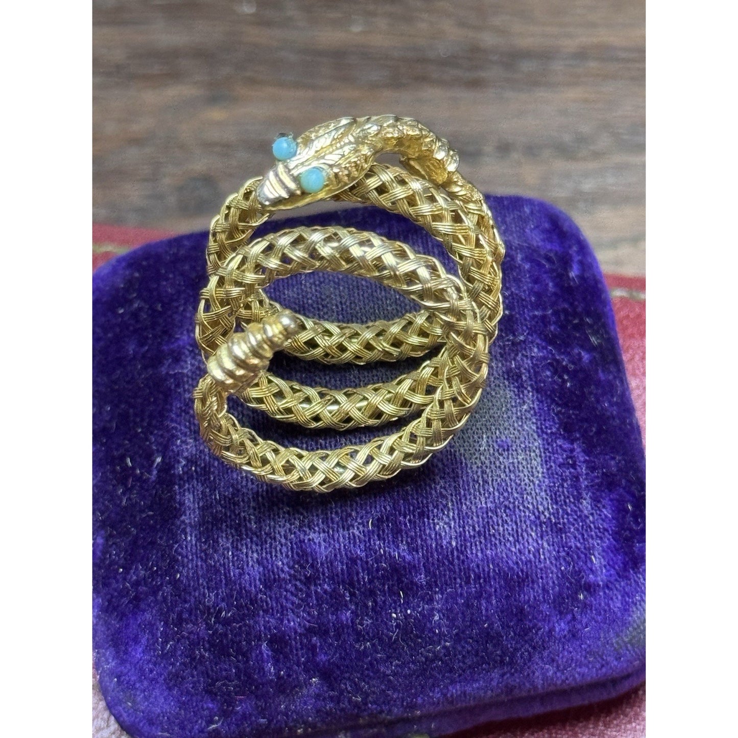 Vintage Goldtone Snake Wrap Ring Light Blue Eyes Woven Mesh Serpent Adjustable