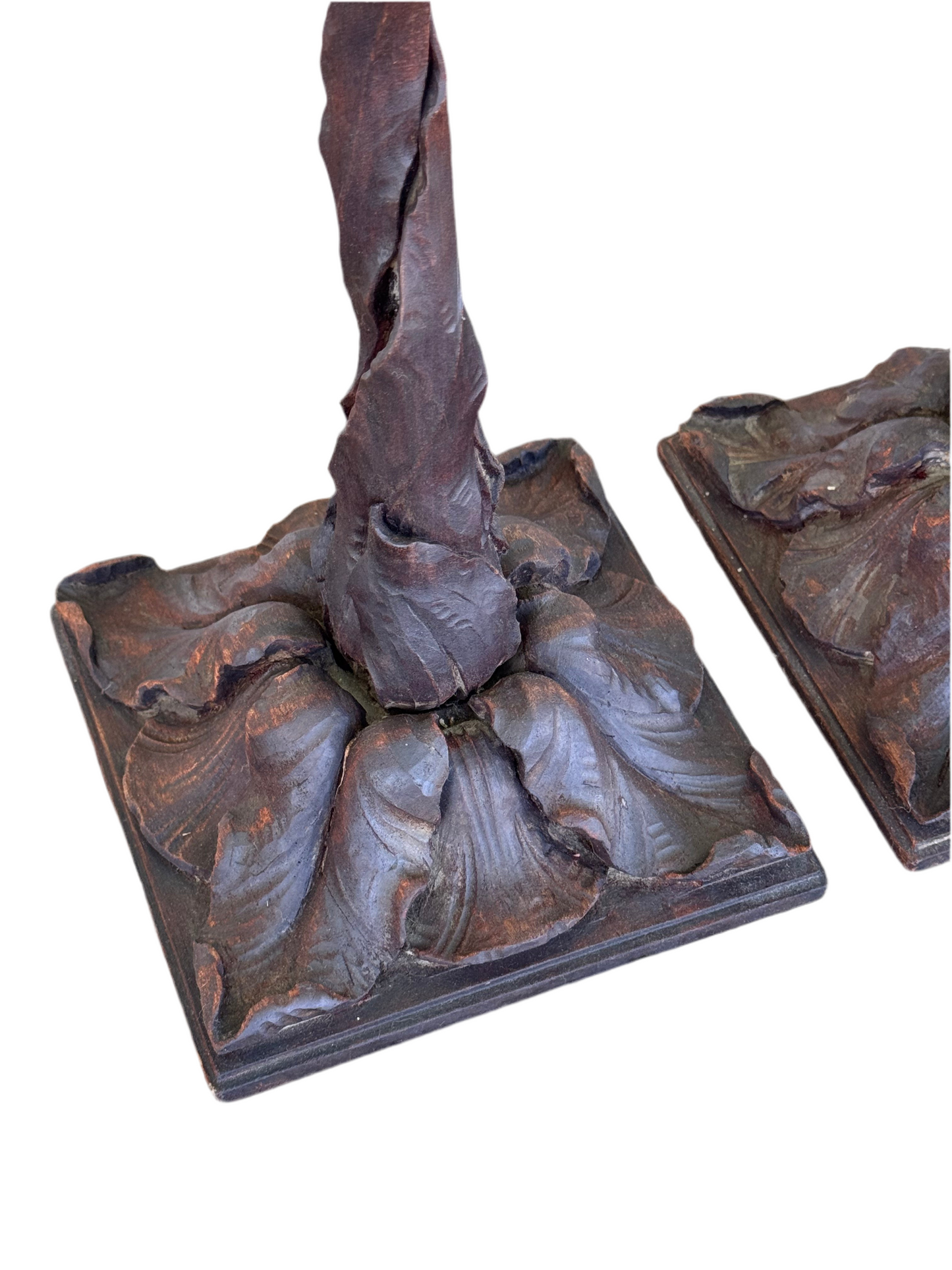 Antique BLACK FOREST Style Hand Carved Tulip Candlestick Pair Circa 14”h EXTREMELY RARE‼️