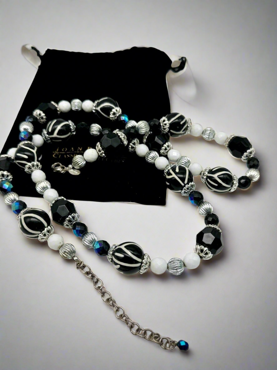 Joan Rivers Necklace 36" white black Zebra iridescent blue silver tones