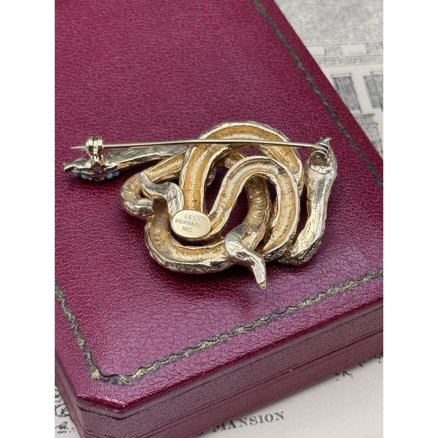 Les Bernard Snake Brooch Goldtone Serpent Blue Cabochon 2” Signed Inc Vintage