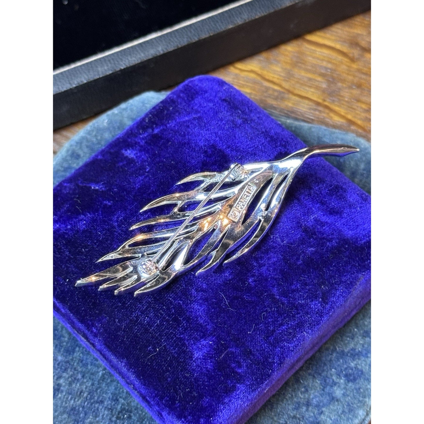 Vintage Panetta Rhinestone Feather Brooch Silver Tone Signed Designer Pin 3.5”