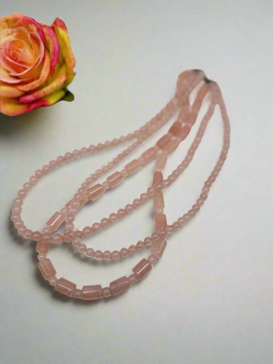 3 Strand Rose Quartz Necklace Sterling Clasp Circa Circa 20”
