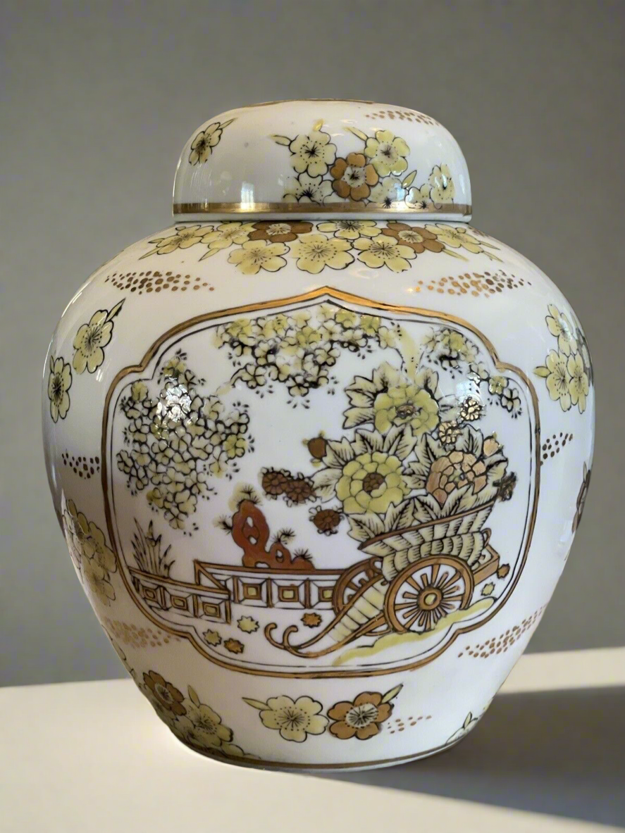 Vintage Japan Gold Imari Hand Painted Wagon/Yellow flowers Vase/Jar Porcelain 9”