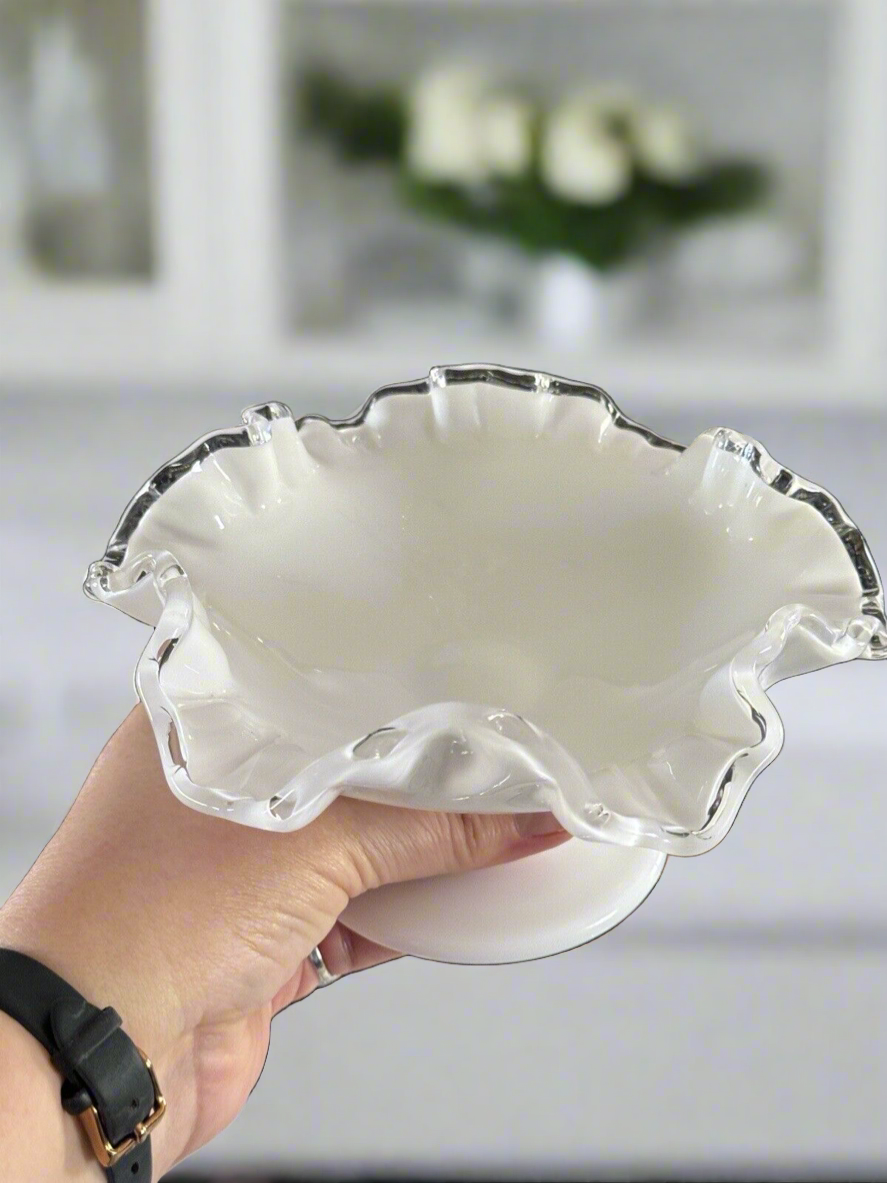 Fenton Silver Crest Style White Milk Glass Ruffled Crimped Rim Bowl VINTAGE