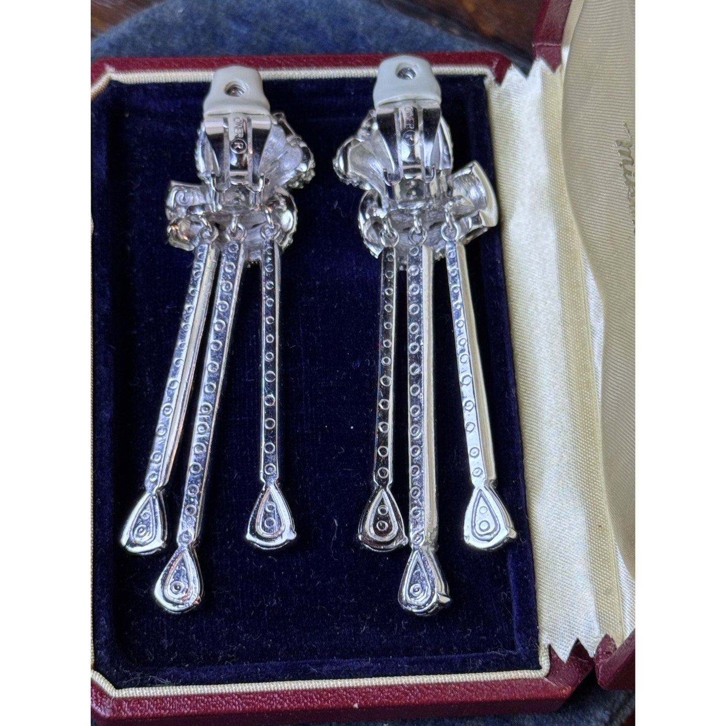 Vintage Ciner Rhinestone Dangle Clip Earrings 3” Baguette Pave
