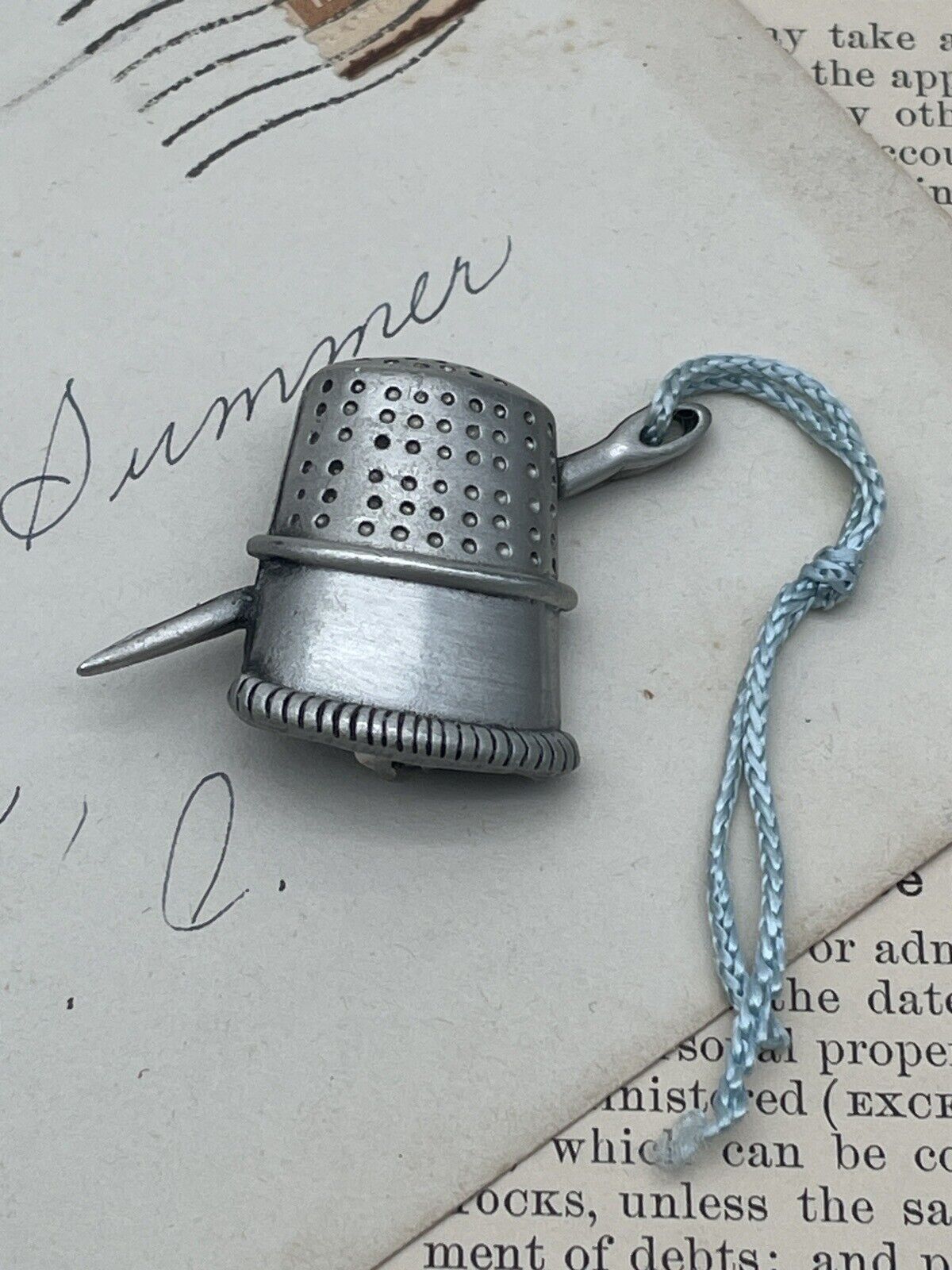 Vintage Pewter Thimble with Needle and Thread Brooch By J J Novelty Brooch