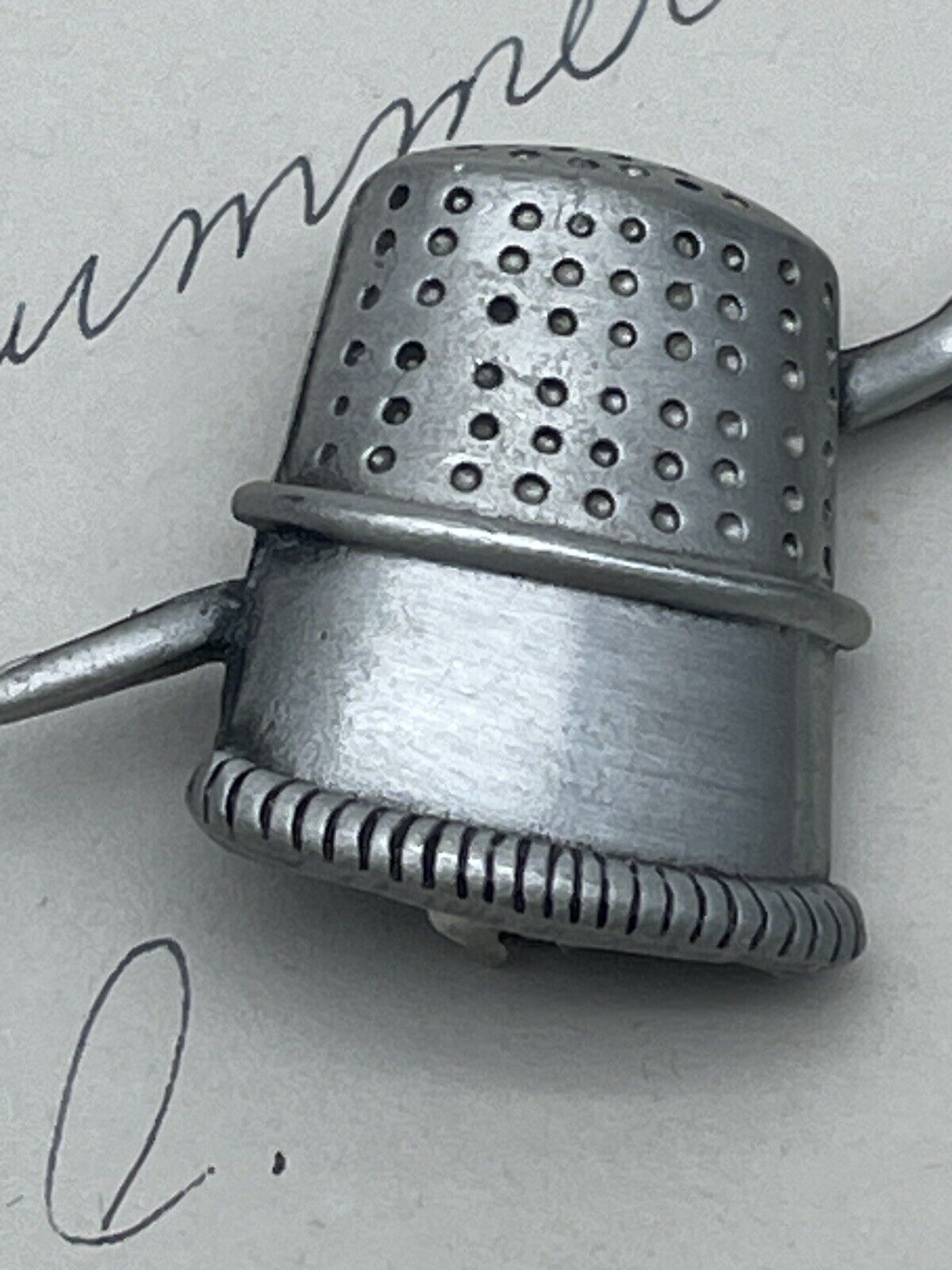 Vintage Pewter Thimble with Needle and Thread Brooch By J J Novelty Brooch