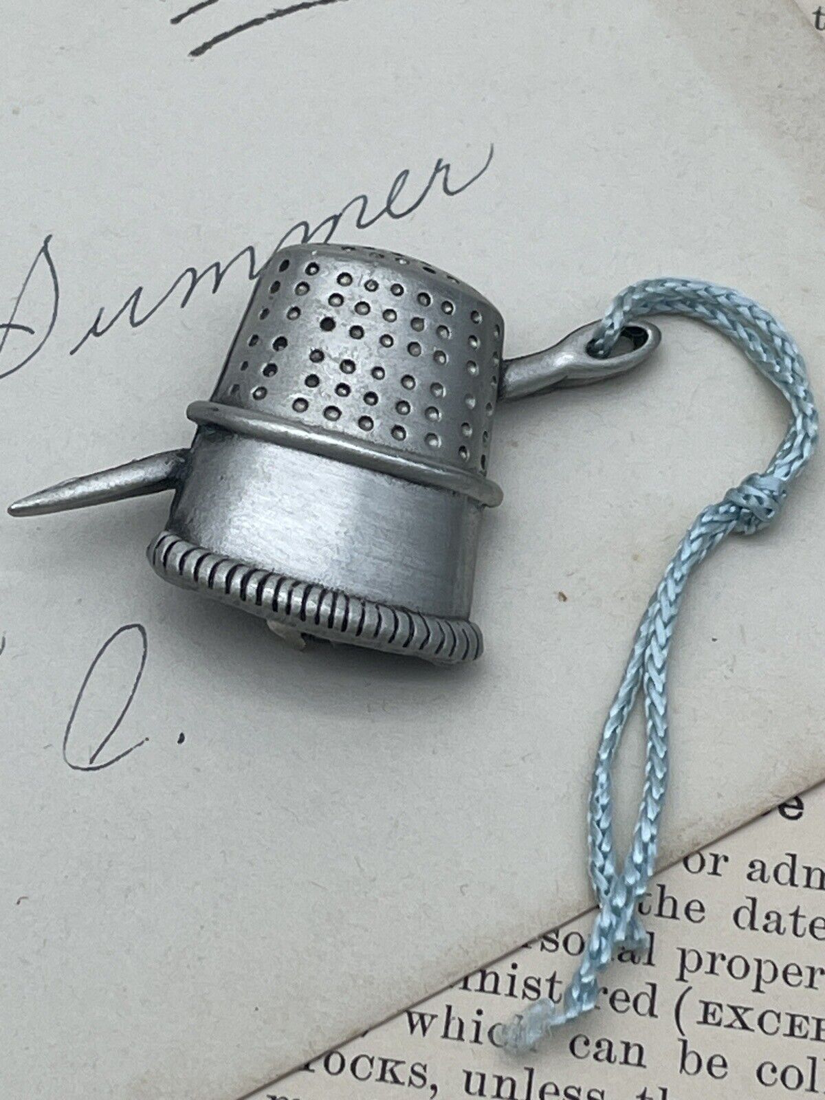 Vintage Pewter Thimble with Needle and Thread Brooch By J J Novelty Brooch