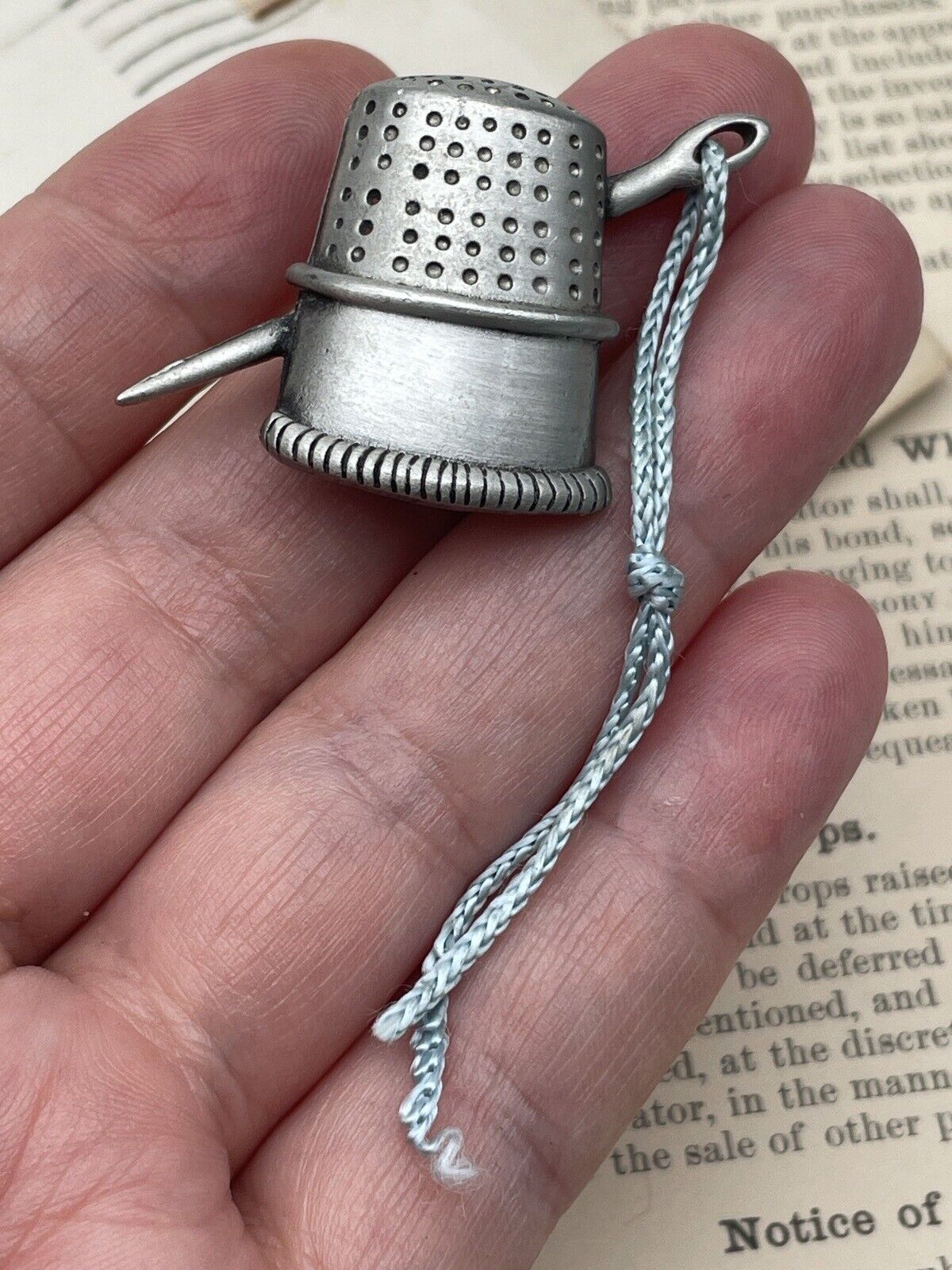 Vintage Pewter Thimble with Needle and Thread Brooch By J J Novelty Brooch