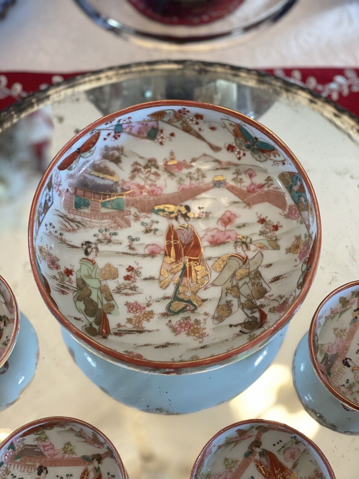 Geisha Nut Bowl Set Hand Painted Large Bowl With 4 Small VINTAGE
