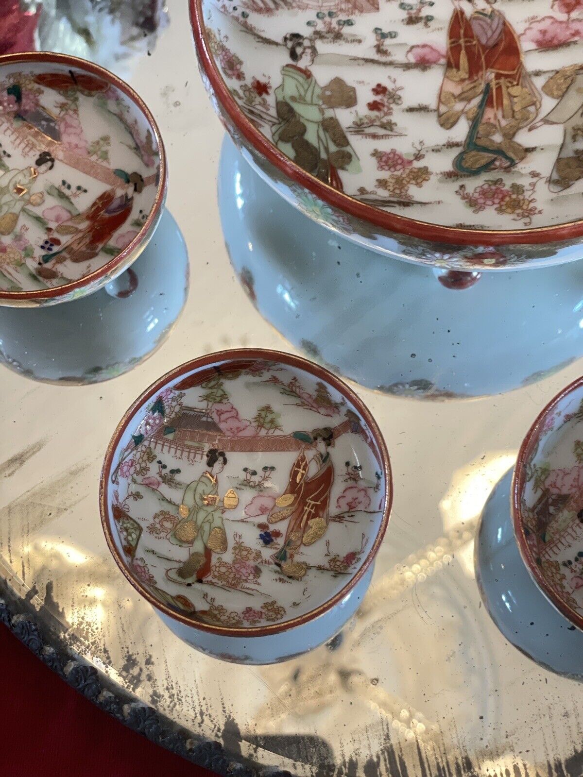 Geisha Nut Bowl Set Hand Painted Large Bowl With 4 Small VINTAGE