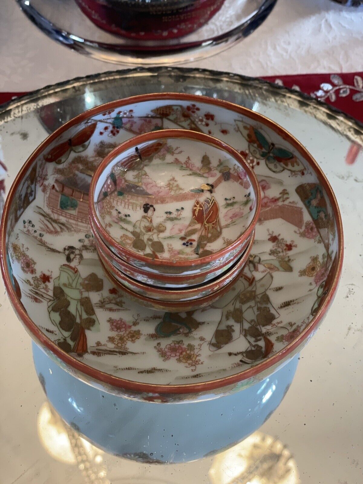 Geisha Nut Bowl Set Hand Painted Large Bowl With 4 Small VINTAGE