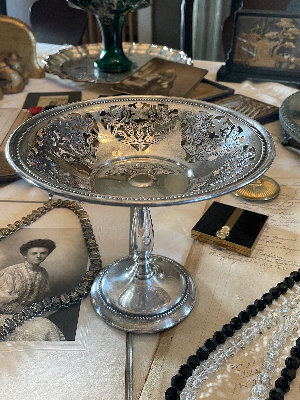 Vintage Sheffield Silverplate Footed Reticulated Bonbon Dish Grapes & Vines