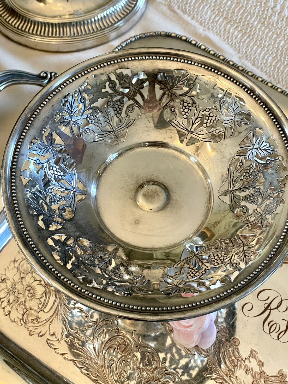 Vintage Sheffield Silverplate Footed Reticulated Bonbon Dish Grapes & Vines