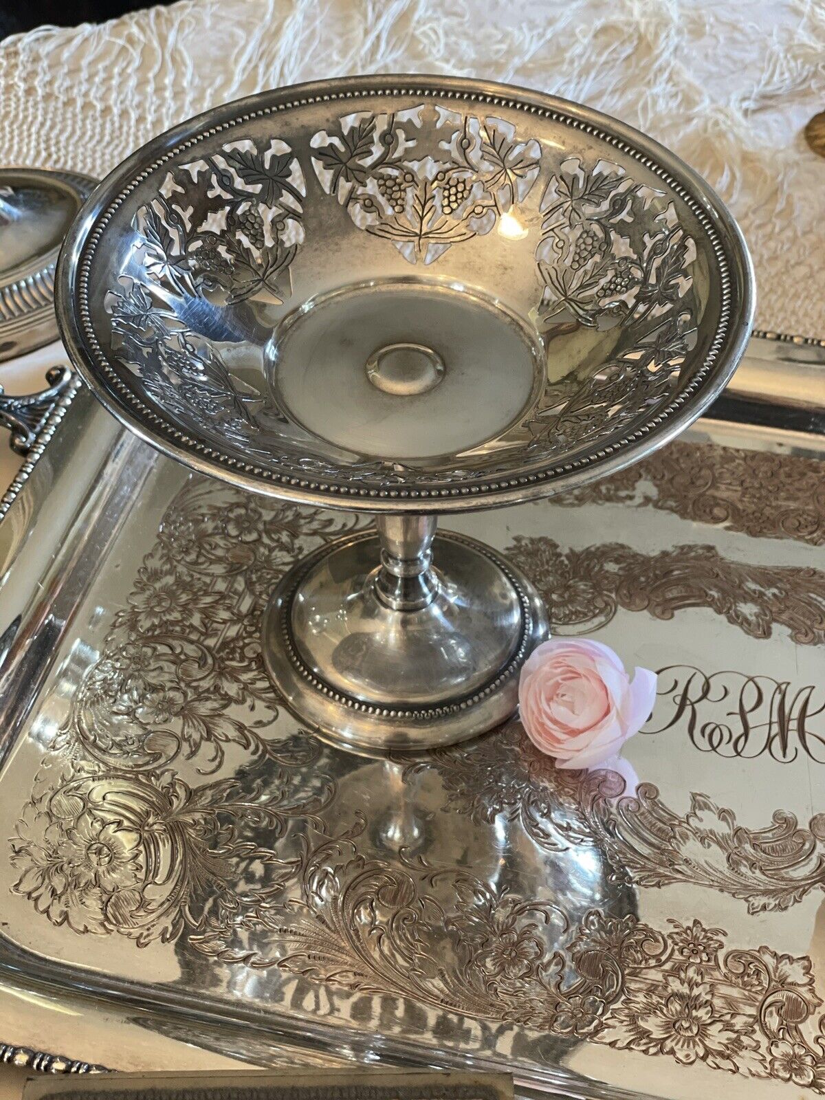 Vintage Sheffield Silverplate Footed Reticulated Bonbon Dish Grapes & Vines