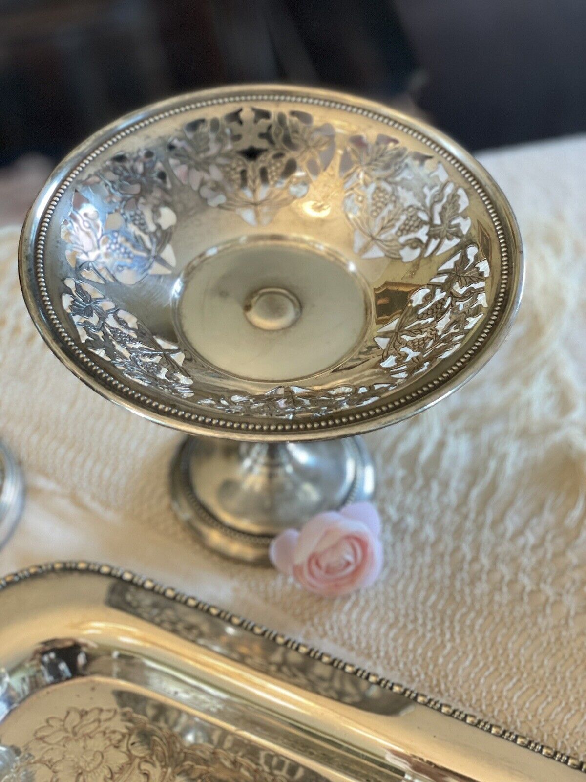 Vintage Sheffield Silverplate Footed Reticulated Bonbon Dish Grapes & Vines