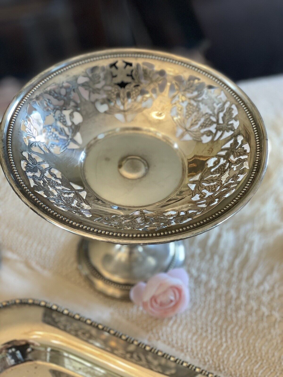 Vintage Sheffield Silverplate Footed Reticulated Bonbon Dish Grapes & Vines
