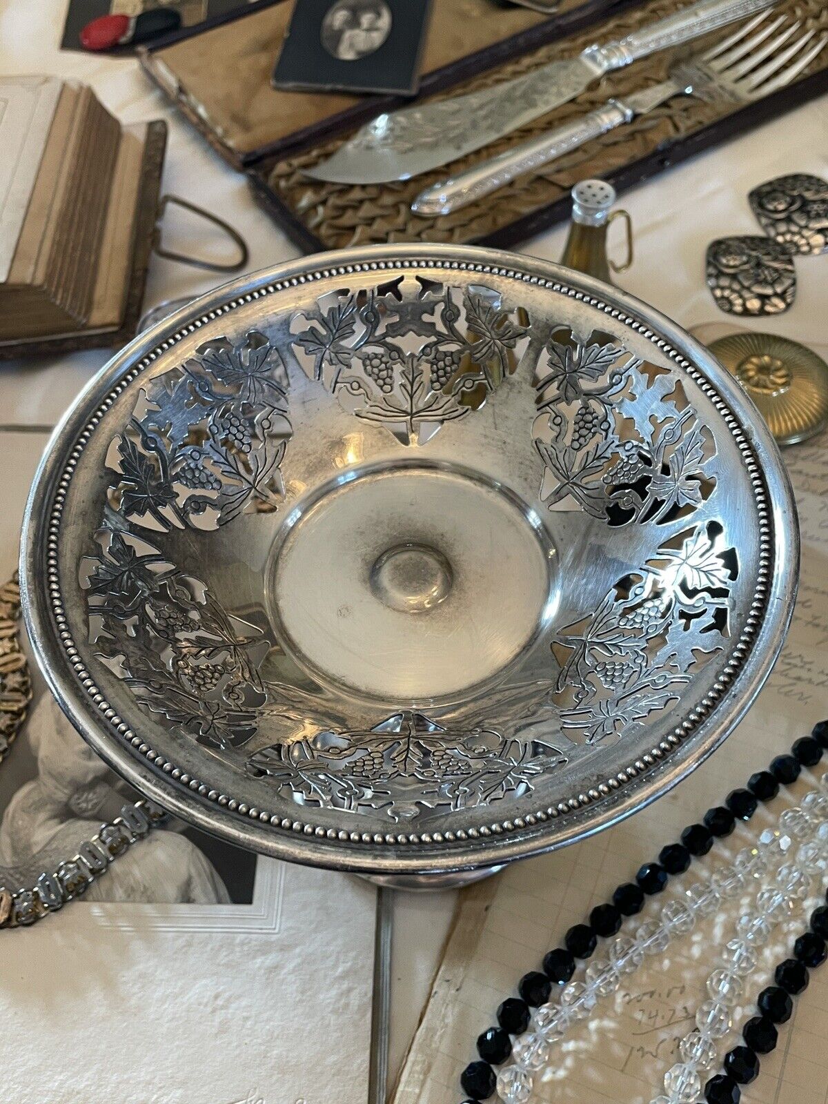 Vintage Sheffield Silverplate Footed Reticulated Bonbon Dish Grapes & Vines