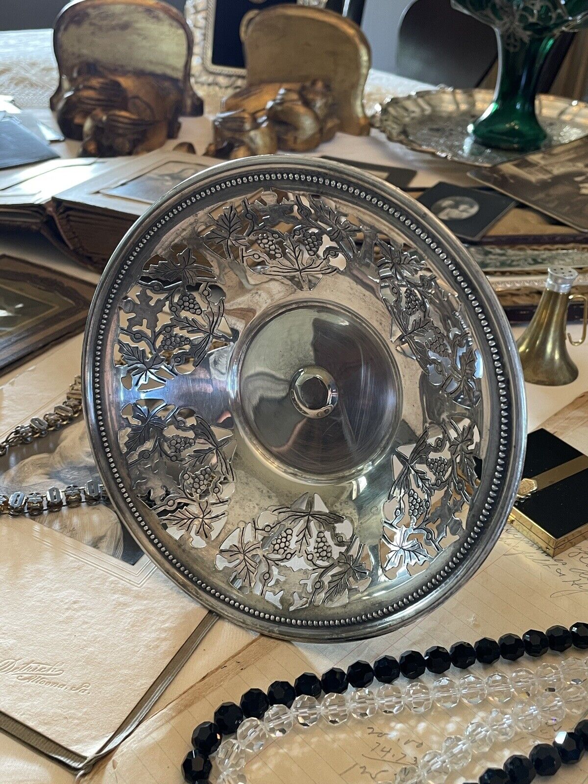 Vintage Sheffield Silverplate Footed Reticulated Bonbon Dish Grapes & Vines