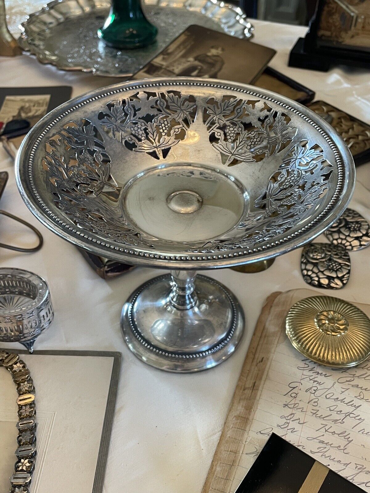 Vintage Sheffield Silverplate Footed Reticulated Bonbon Dish Grapes & Vines
