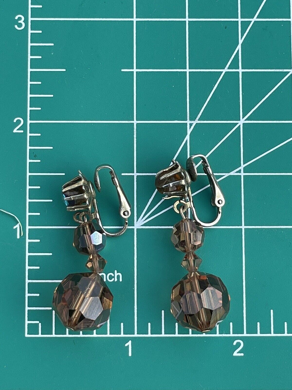 VINTAGE Clip-On Dangler Earrings Topas Rhinestone Beads Aurora Borealis