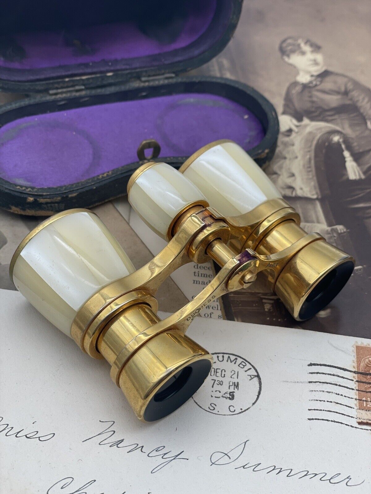 Antique Opera Glasses FRENCH Paris Duchess X3 Brass MOP In Original Case
