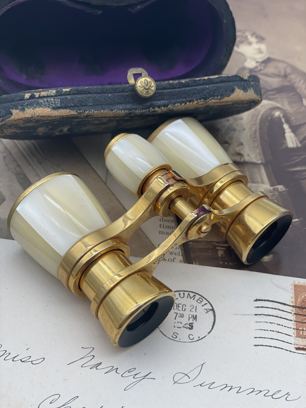 Antique Opera Glasses FRENCH Paris Duchess X3 Brass MOP In Original Case