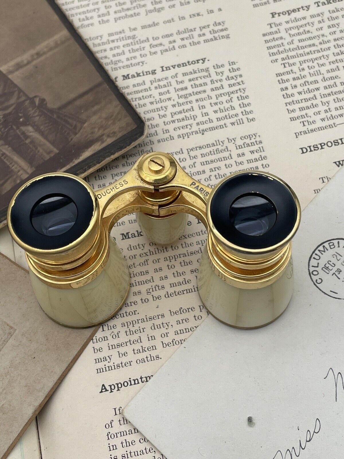 Antique Opera Glasses FRENCH Paris Duchess X3 Brass MOP In Original Case