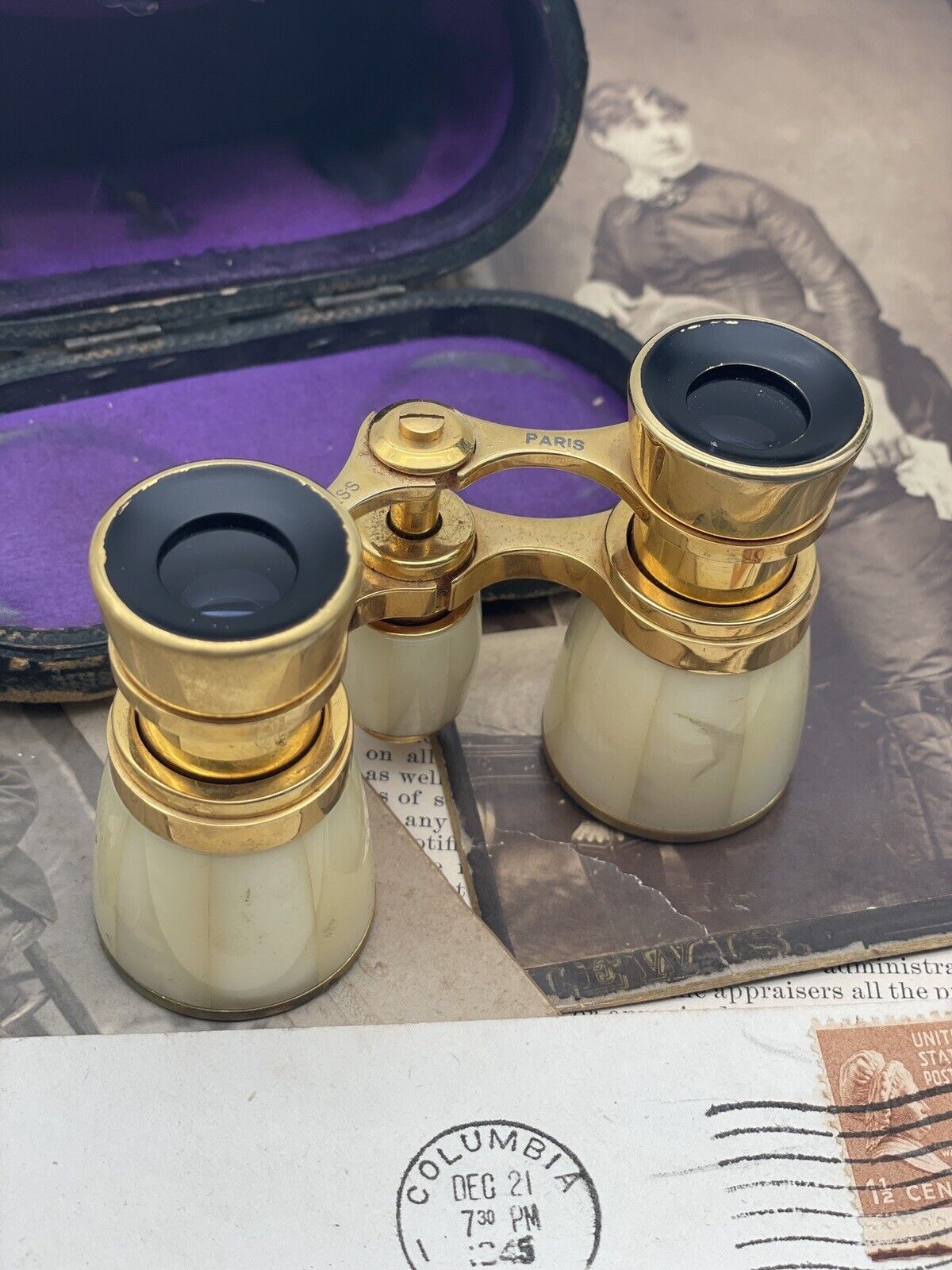 Antique Opera Glasses FRENCH Paris Duchess X3 Brass MOP In Original Case