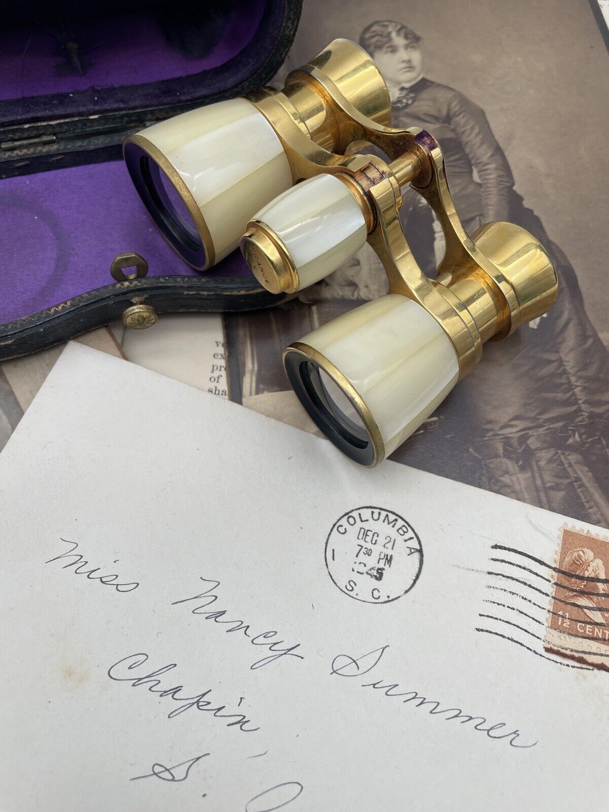 Antique Opera Glasses FRENCH Paris Duchess X3 Brass MOP In Original Case