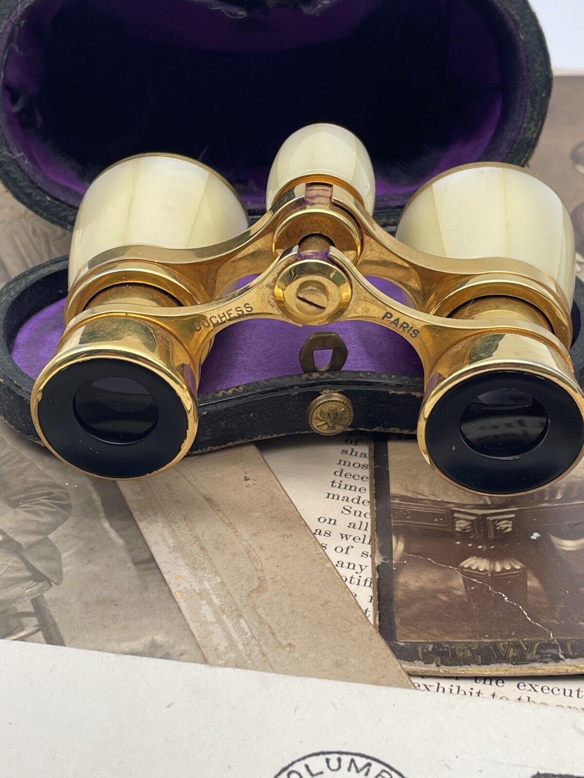 Antique Opera Glasses FRENCH Paris Duchess X3 Brass MOP In Original Case