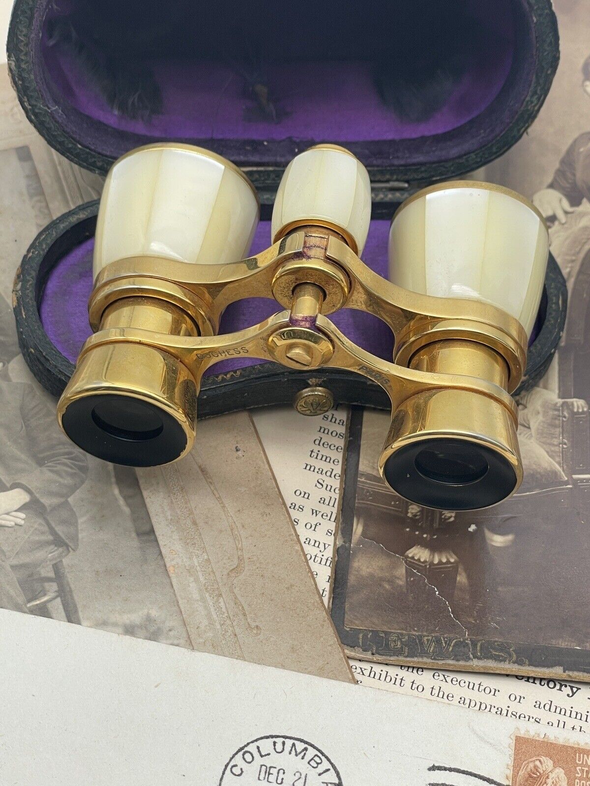Antique Opera Glasses FRENCH Paris Duchess X3 Brass MOP In Original Case
