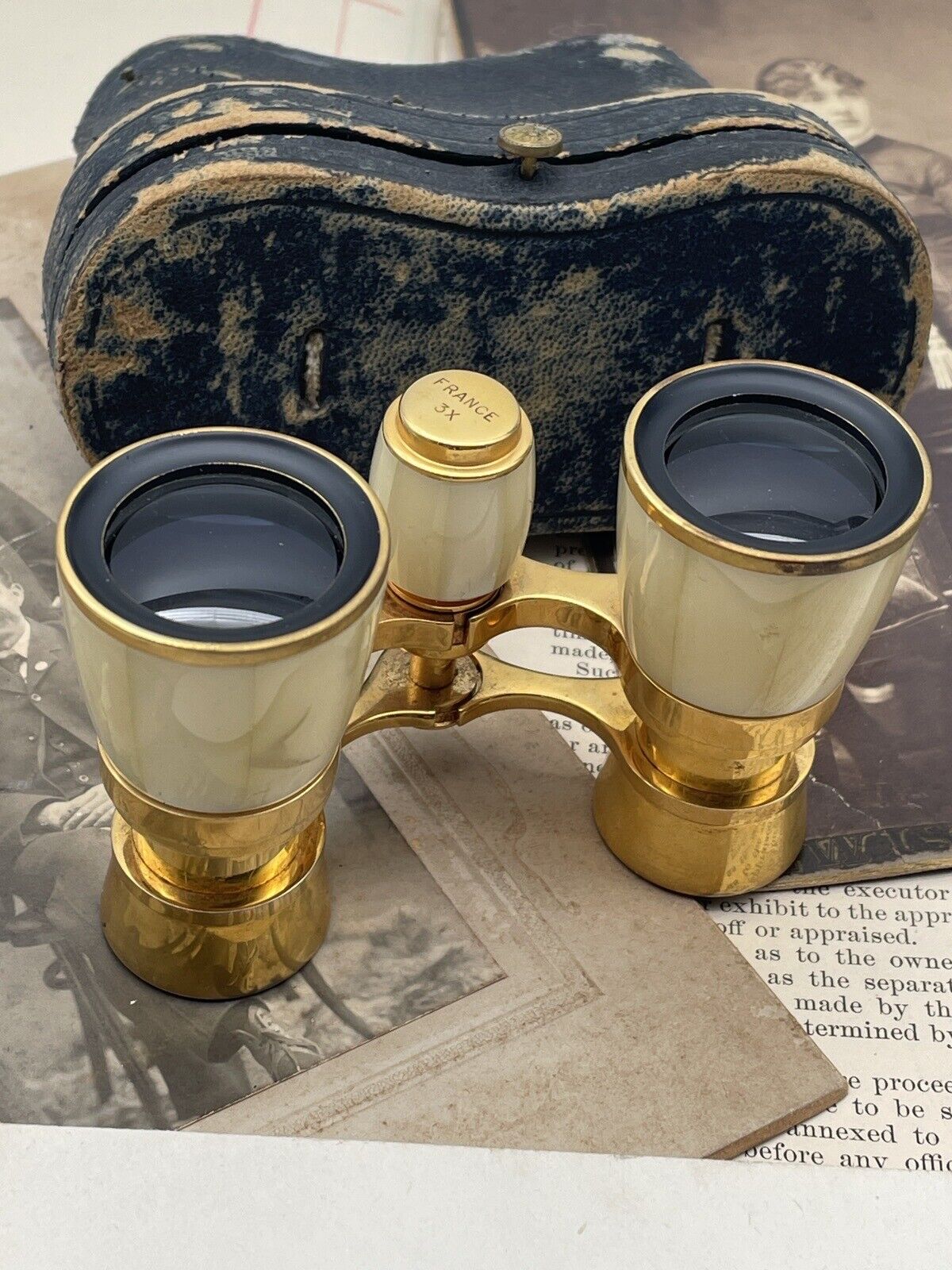 Antique Opera Glasses FRENCH Paris Duchess X3 Brass MOP In Original Case