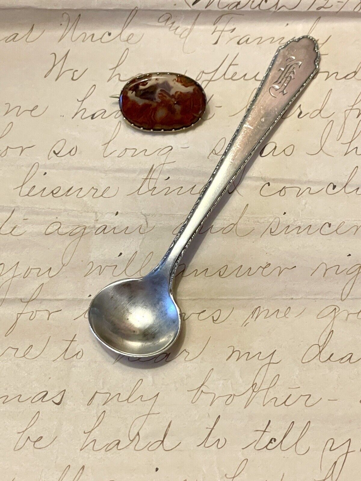 Antique William & Mary Lunt Sterling Silver Treasure Salt Spoon Monogram 1921