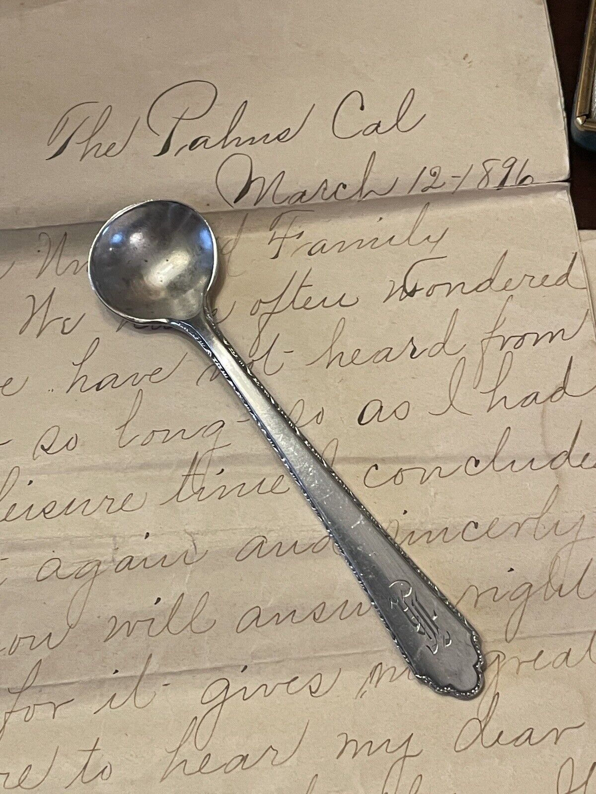 Antique William & Mary Lunt Sterling Silver Treasure Salt Spoon Monogram 1921