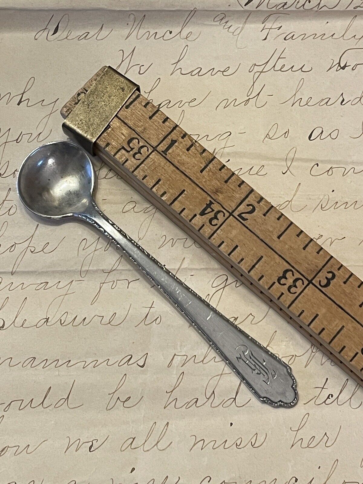 Antique William & Mary Lunt Sterling Silver Treasure Salt Spoon Monogram 1921