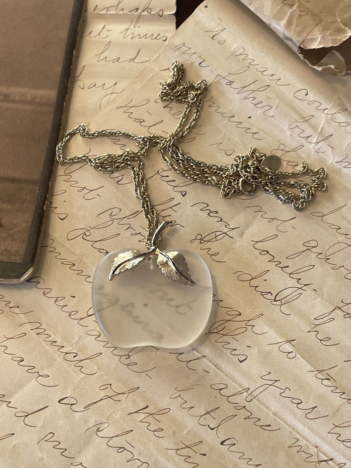 Goldtone Art Glass APPLE Pendant Ca. 27” Chain VINTAGE Signed AVON