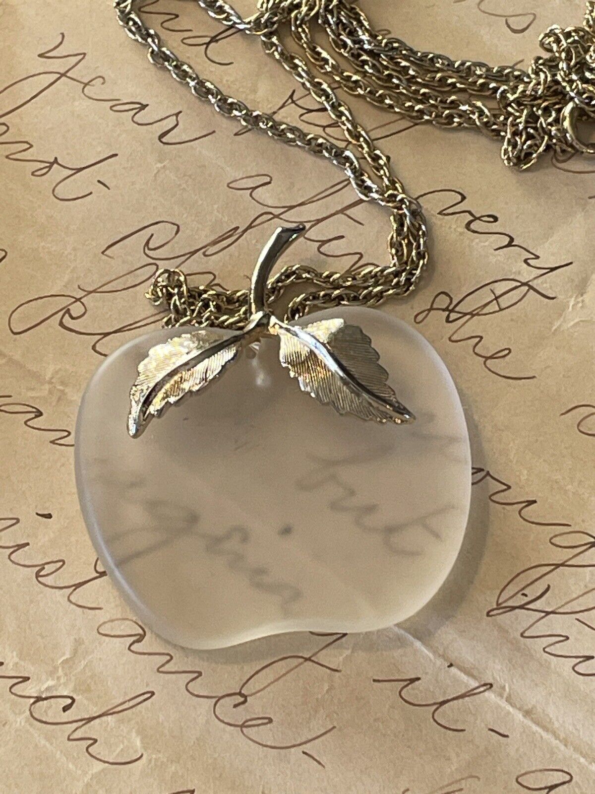 Goldtone Art Glass APPLE Pendant Ca. 27” Chain VINTAGE Signed AVON