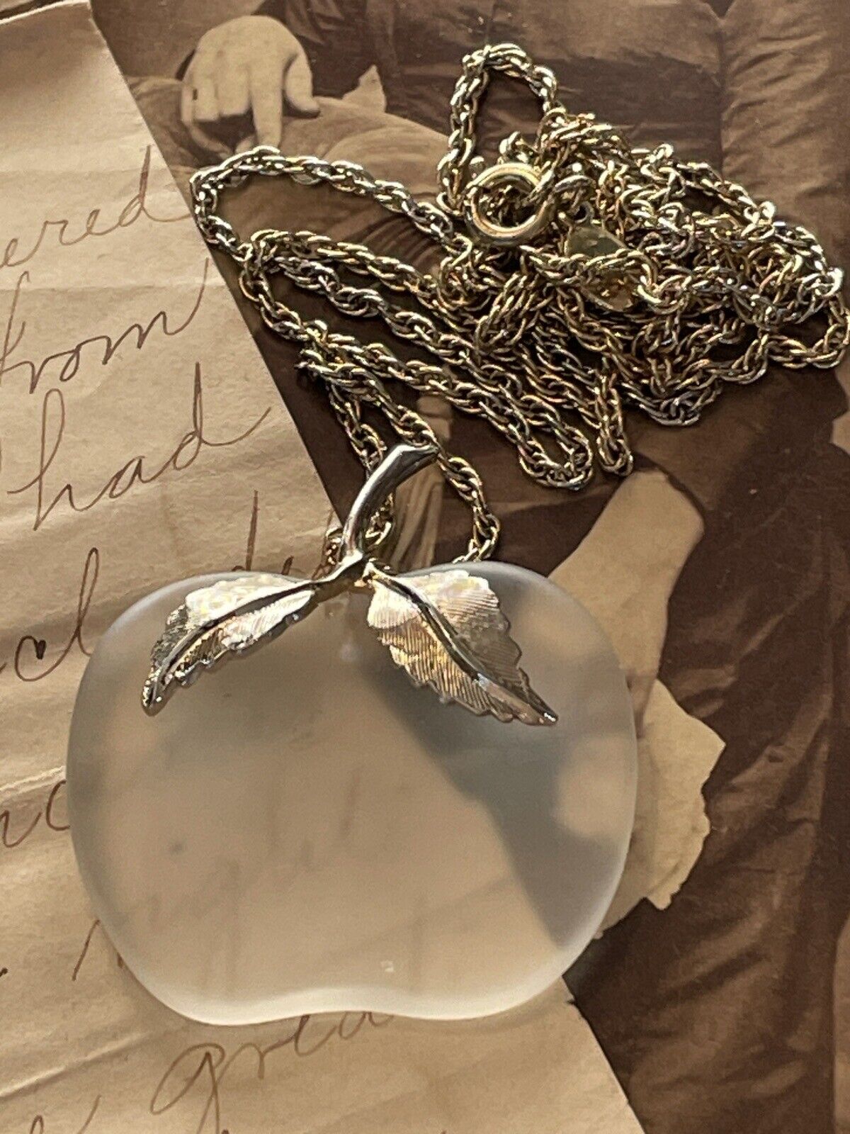 Goldtone Art Glass APPLE Pendant Ca. 27” Chain VINTAGE Signed AVON