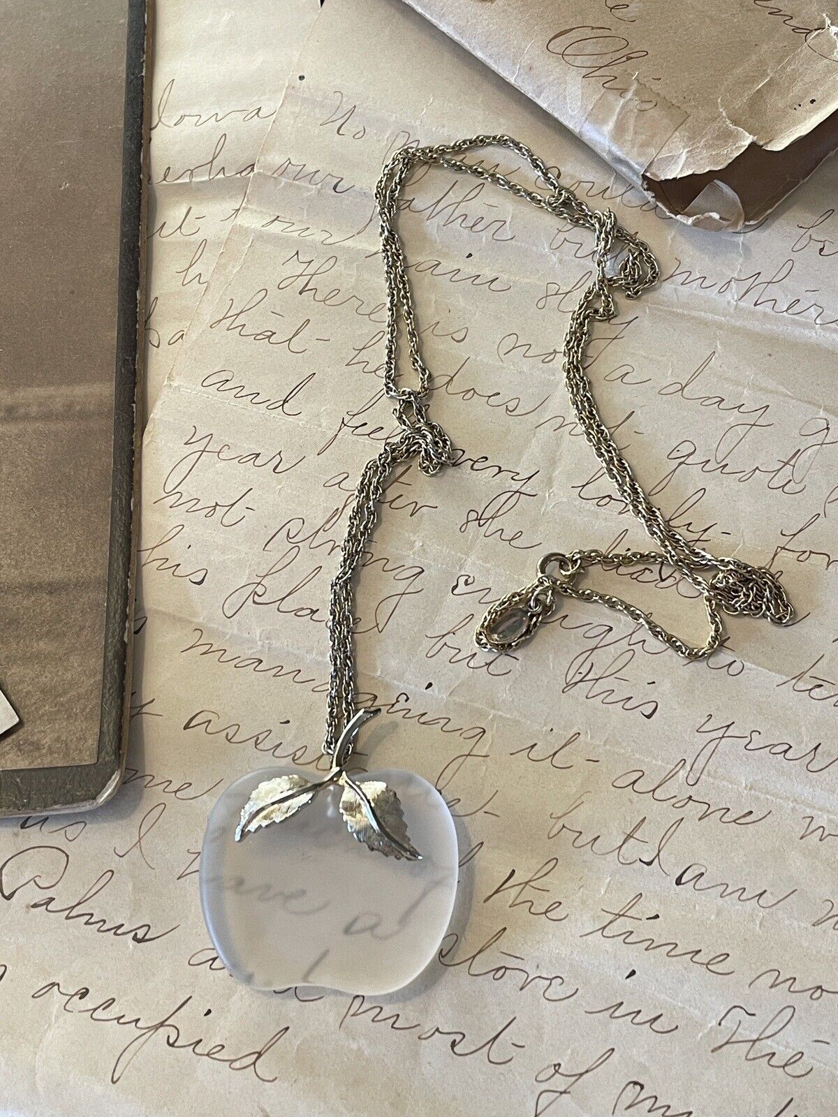 Goldtone Art Glass APPLE Pendant Ca. 27” Chain VINTAGE Signed AVON