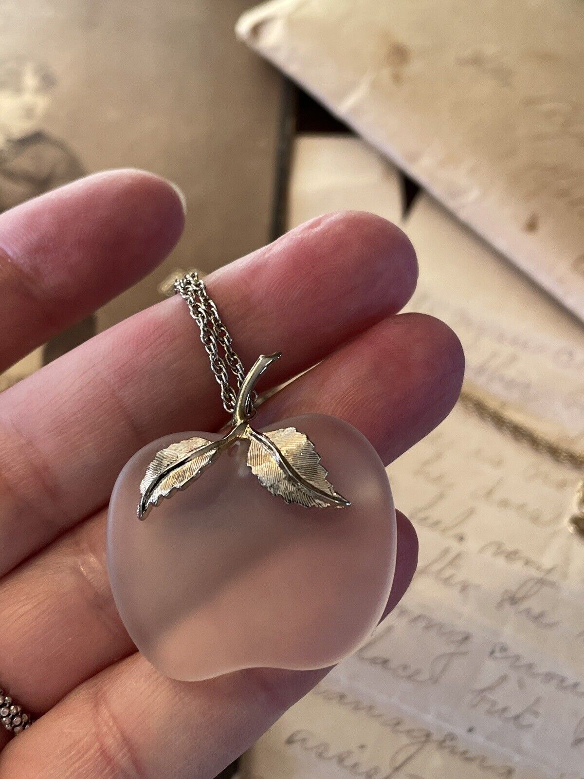 Goldtone Art Glass APPLE Pendant Ca. 27” Chain VINTAGE Signed AVON