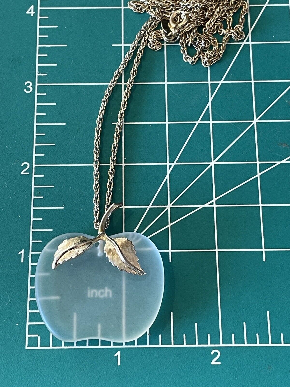 Goldtone Art Glass APPLE Pendant Ca. 27” Chain VINTAGE Signed AVON