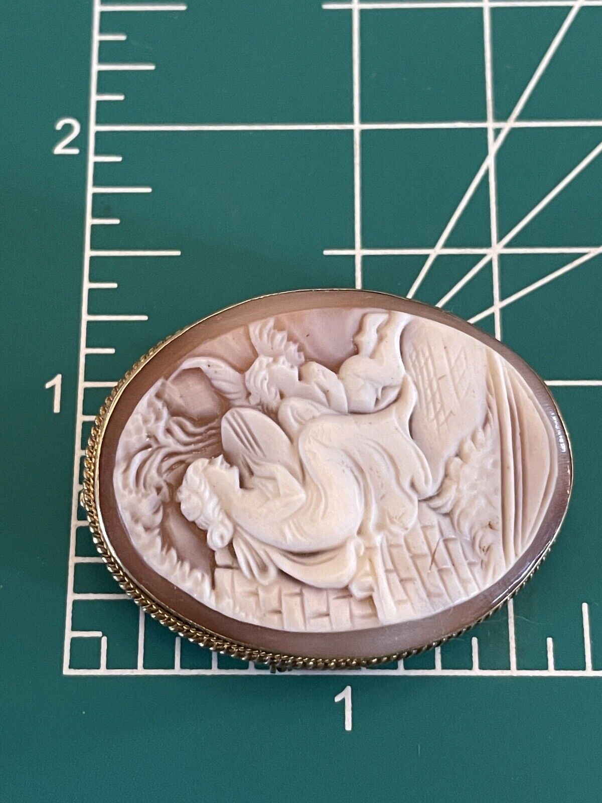 Carved Shell Cameo Greek Muse Playing Harp Cherub Gold Tone Hallmarked Vintage