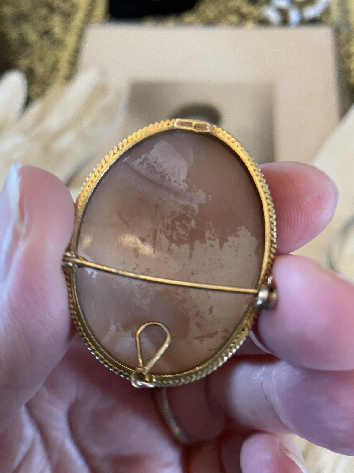 Carved Shell Cameo Greek Muse Playing Harp Cherub Gold Tone Hallmarked Vintage