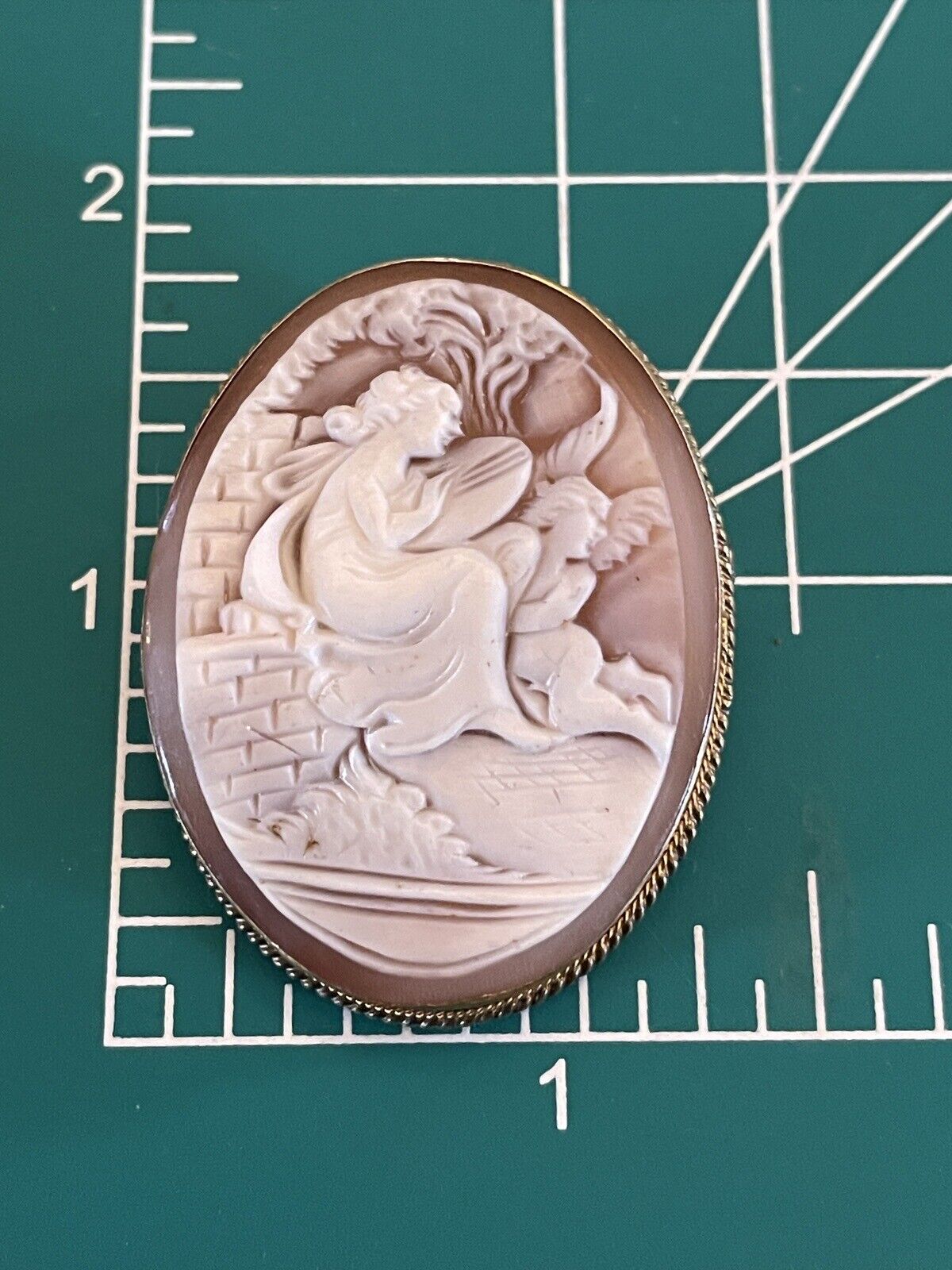 Carved Shell Cameo Greek Muse Playing Harp Cherub Gold Tone Hallmarked Vintage