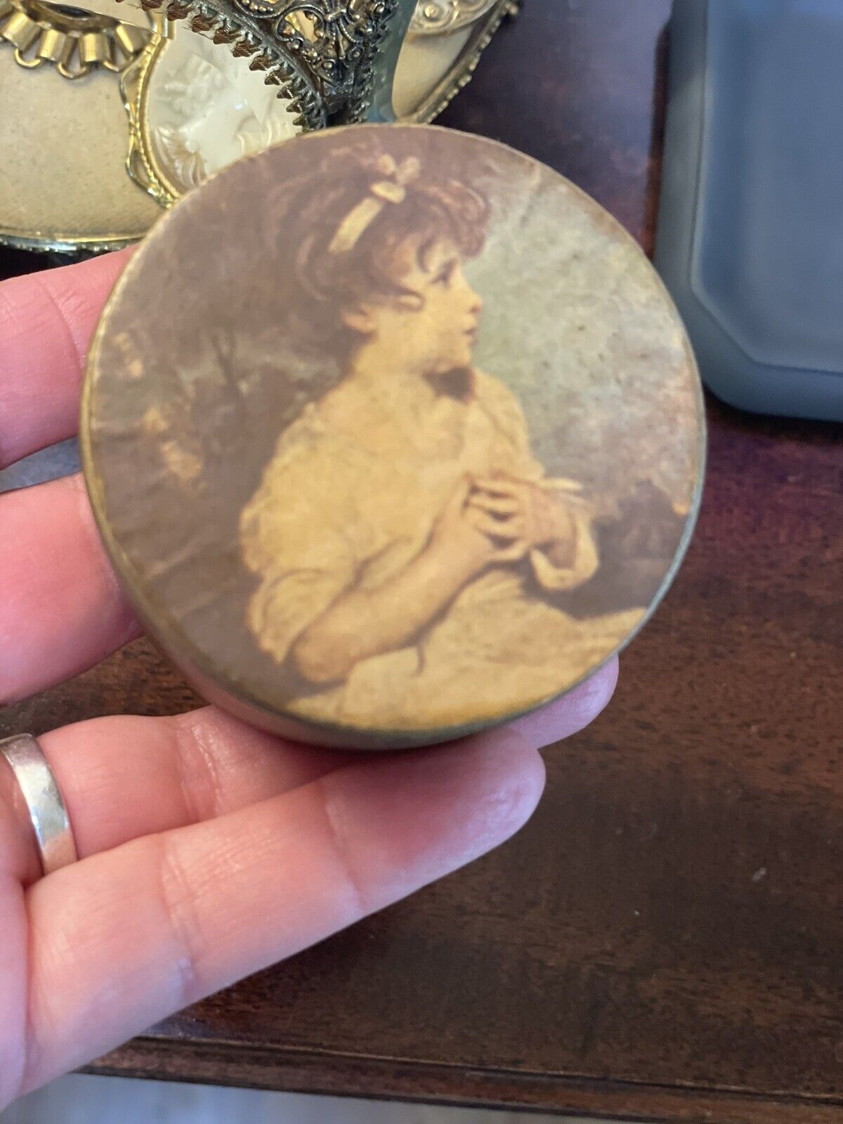 Vintage Trinket Box Wood Gilded Decoupage Depicting Young Girl CHARMING