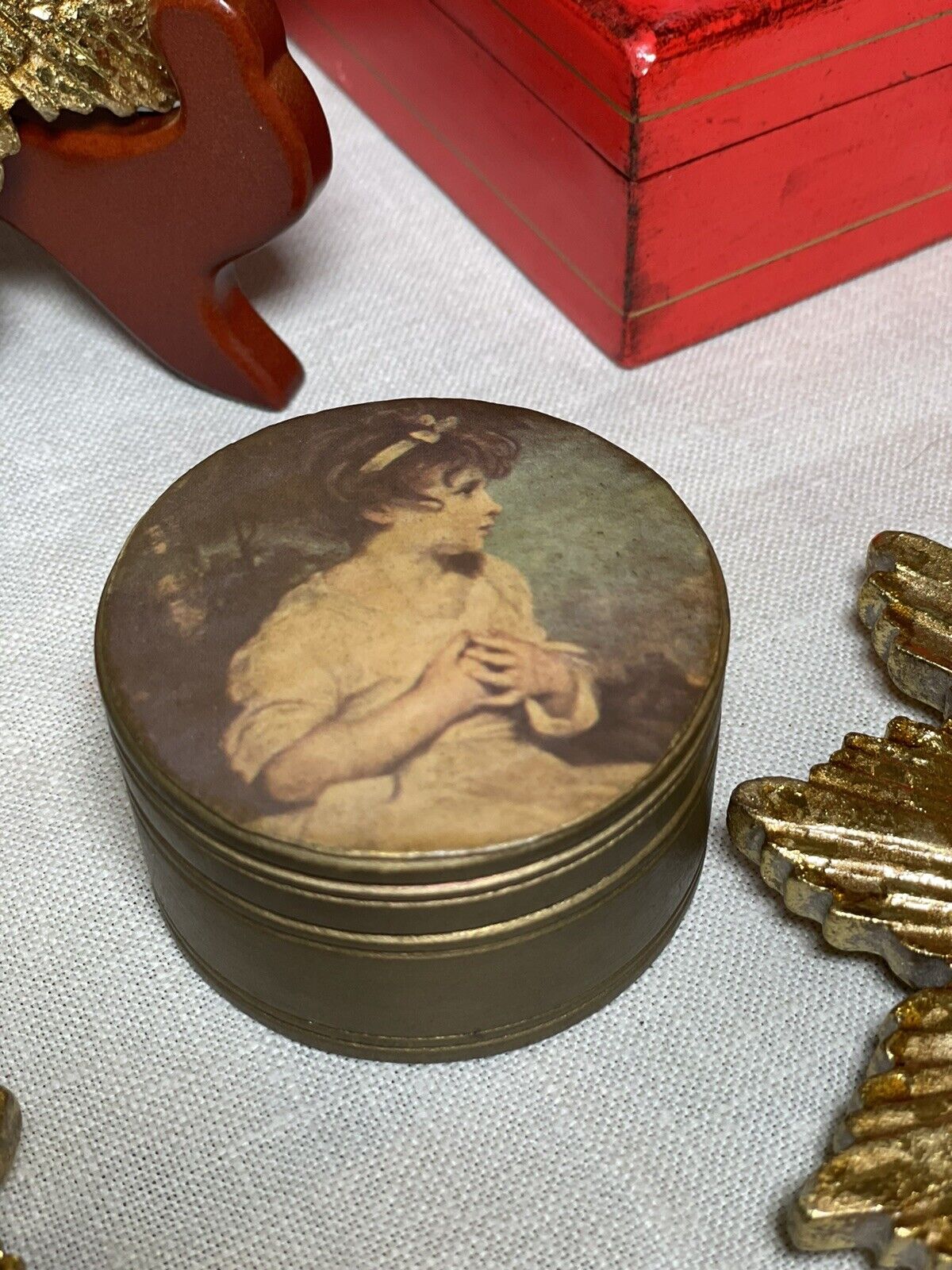 Vintage Trinket Box Wood Gilded Decoupage Depicting Young Girl CHARMING