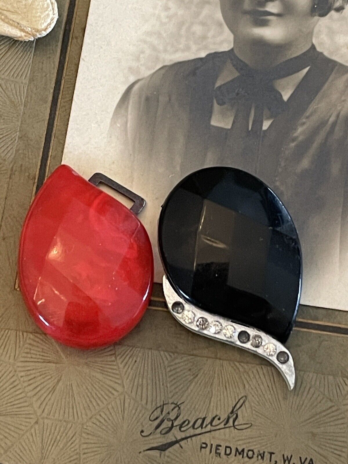 Art Deco Early Plastic Belt Buckle Red Black Silver Rhinestone