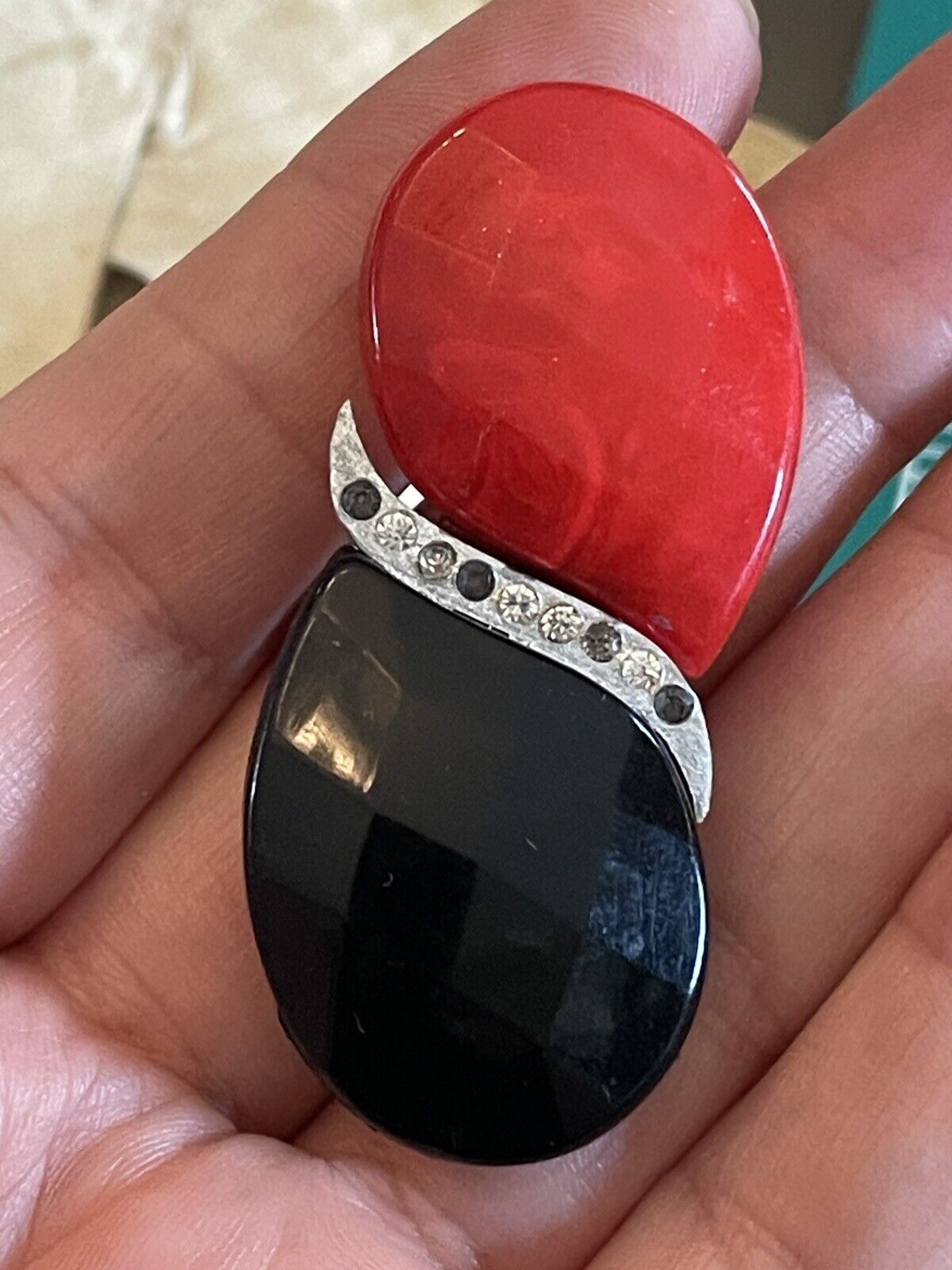 Art Deco Early Plastic Belt Buckle Red Black Silver Rhinestone